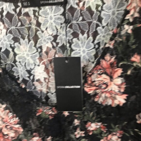 SFERA Spain NEW Lace Floral Sheer Boho Flare Bell Sleeve Peplum Stretch Top Rose - Picture 10 of 15